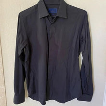 Load image into Gallery viewer, David Donahue open collar, long sleeves, dark navy blue that looks black.
