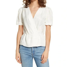 Load image into Gallery viewer, NWT Paige Felicity Peplum Short Puff Sleeve V-Neck Blouse In Eggshell Size Large
