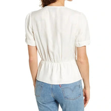 Load image into Gallery viewer, NWT Paige Felicity Peplum Short Puff Sleeve V-Neck Blouse In Eggshell Size Large
