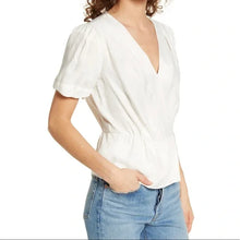 Load image into Gallery viewer, NWT Paige Felicity Peplum Short Puff Sleeve V-Neck Blouse In Eggshell Size Large
